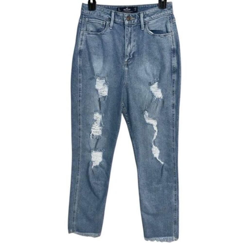 Hollister Distressed Straight Leg Jeans Light Wash Frayed Hem Size 28